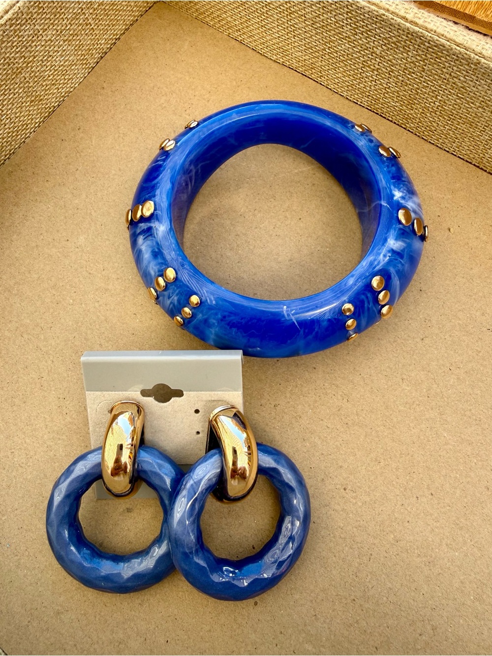 Blue Marbled Resin Bangle and Hoop Earring Set